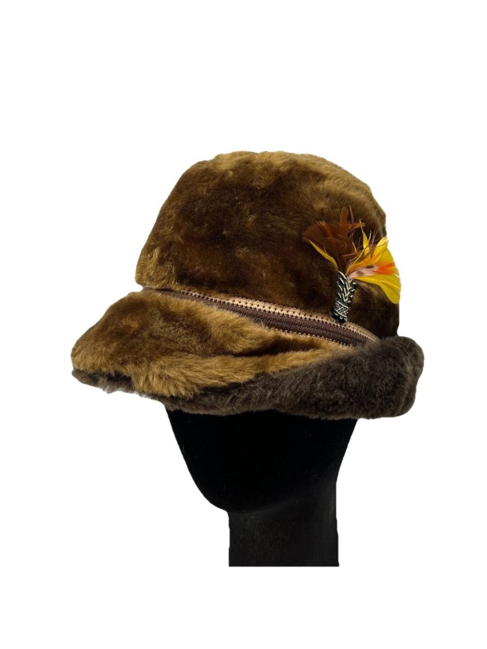 Faux Fur Vintage Fedora Alpine Hat Cap Ear Flaps Feather Brown Retro Made in USA